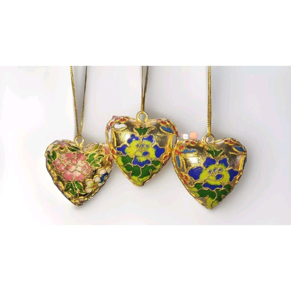 Cloisonne Ornaments Lot Of 3 Enamel Heart Floral Gold Free Bell Christmas